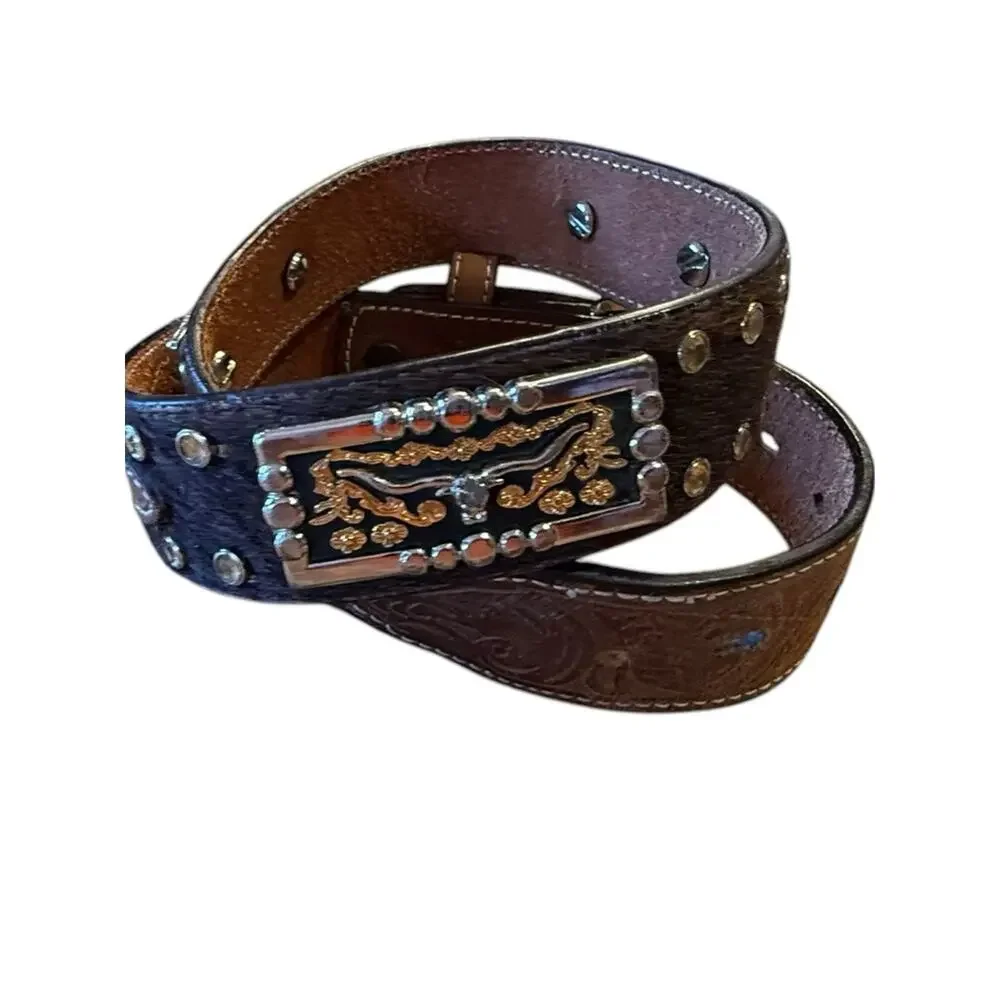3D Youth Size 26 Western Tooled Leather & Calfhair Belt with Decorative Trim